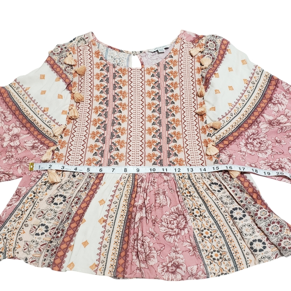 SOLD-American Eagle Pink Patchwork Peasant Top Boho Embroidered Tassel Flare M - Picture 9 of 16